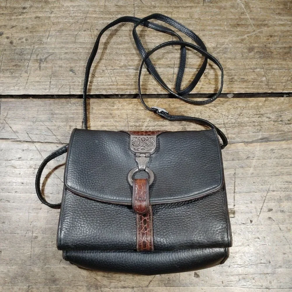 Brighton Nepal Black Leather Organizer Crossbody Purse Black Brown Strap Pockets
